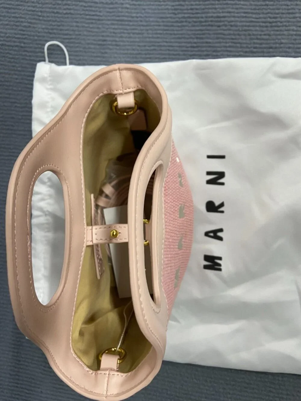 🌸Marni Blush Pink Raffia Mini Bucket Bag Leather Trim Removable Crossbody Strap
